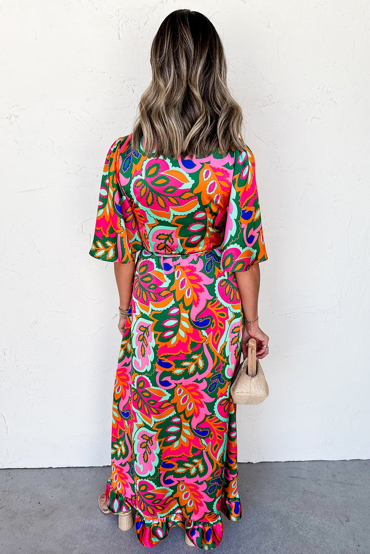 Rose Summer Plant Print Surpliced V Neck Ruffled Asymmetric Slit Wide Short Sleeve Maxi Dress - Lulubelles Clothing and Accessories