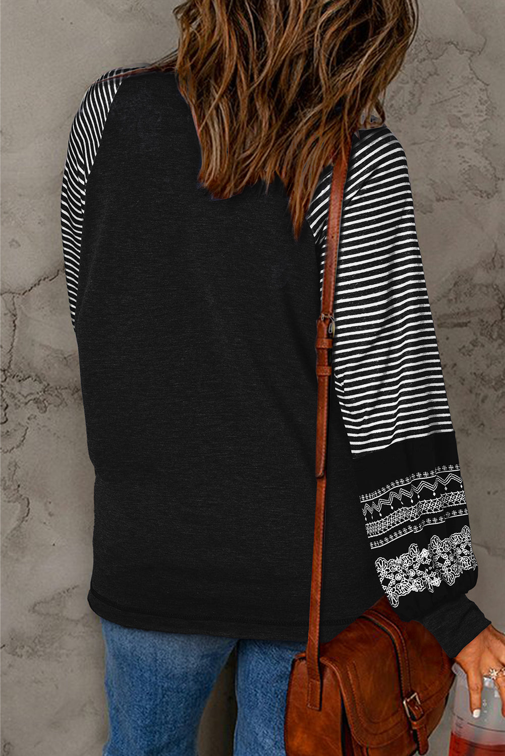 Navy Blue Contrast Print Striped Raglan Long Sleeve Loose Top