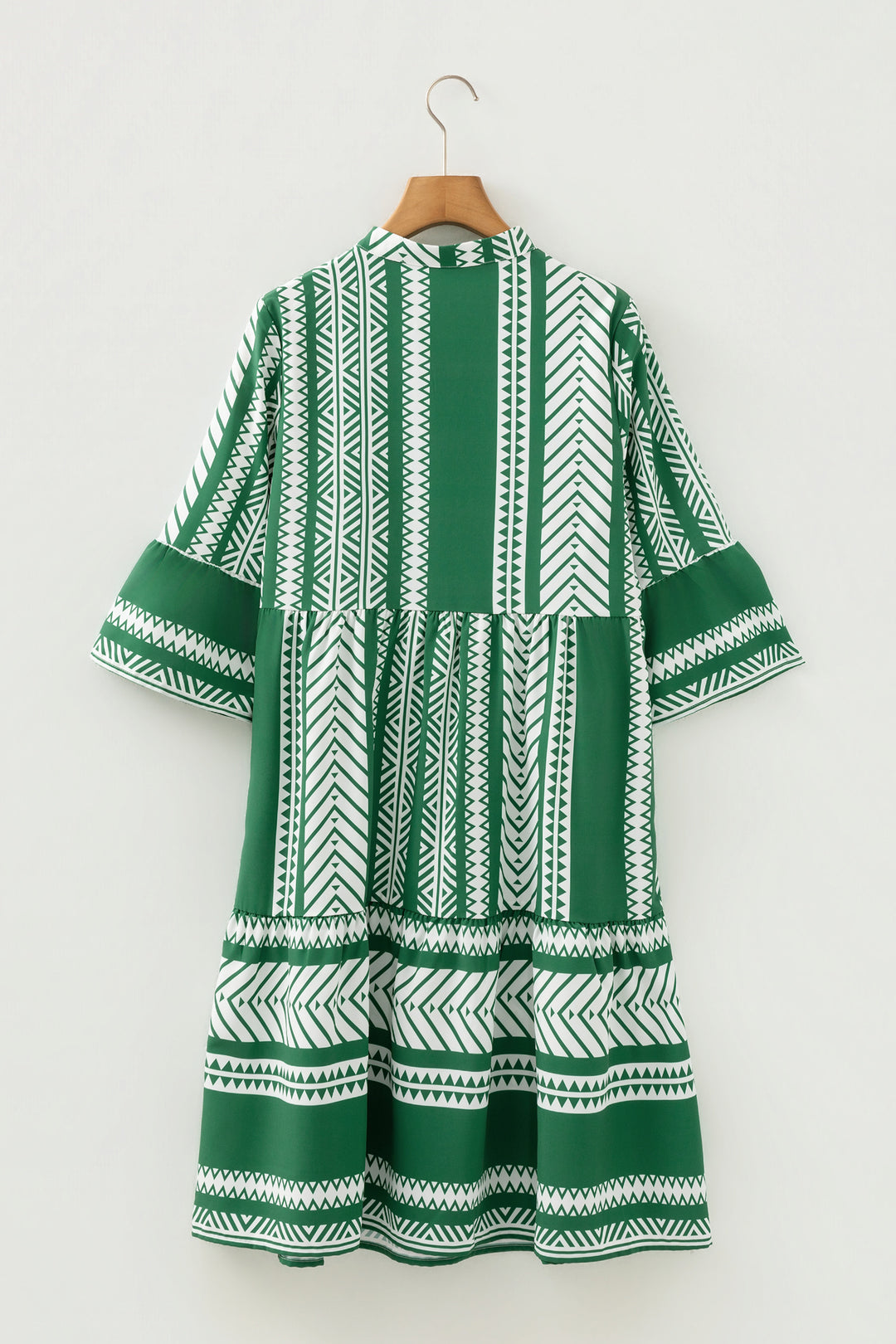 Green Boho Ethnic Print Half Button 3/4 Sleeve Casual Dress - Lulubelles Clothing and Accessories