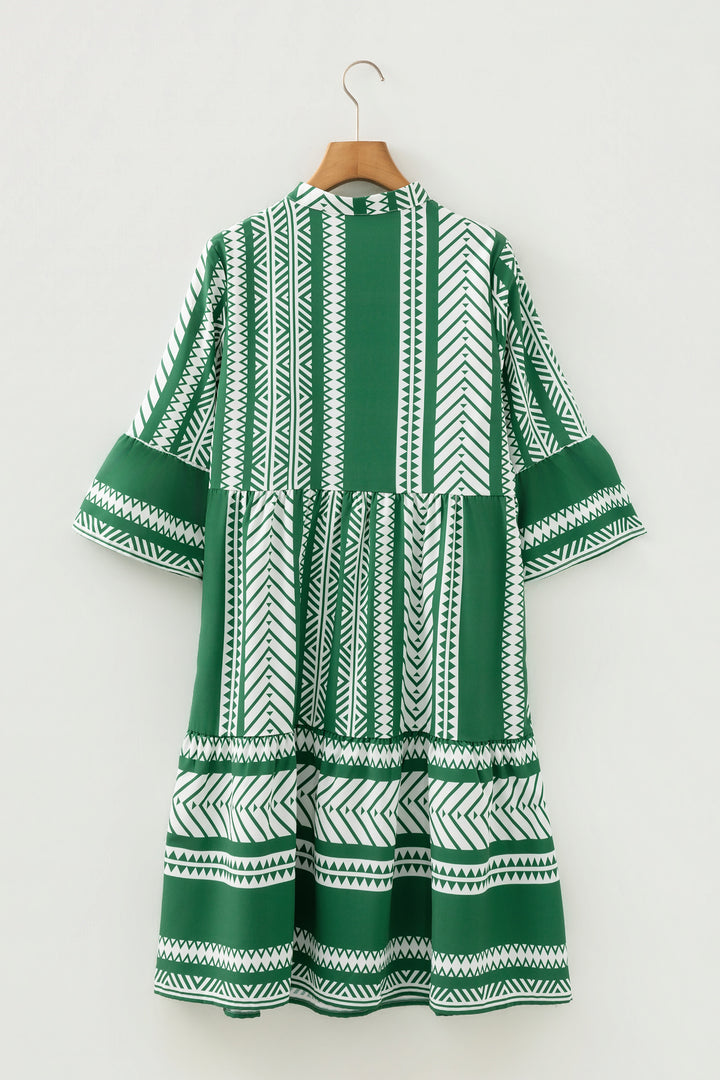 Green Boho Ethnic Print Half Button 3/4 Sleeve Casual Dress - Lulubelles Clothing and Accessories