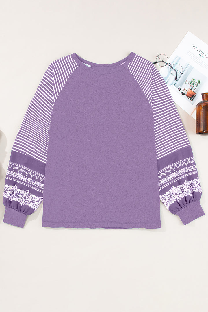 Navy Blue Contrast Print Striped Raglan Long Sleeve Loose Top