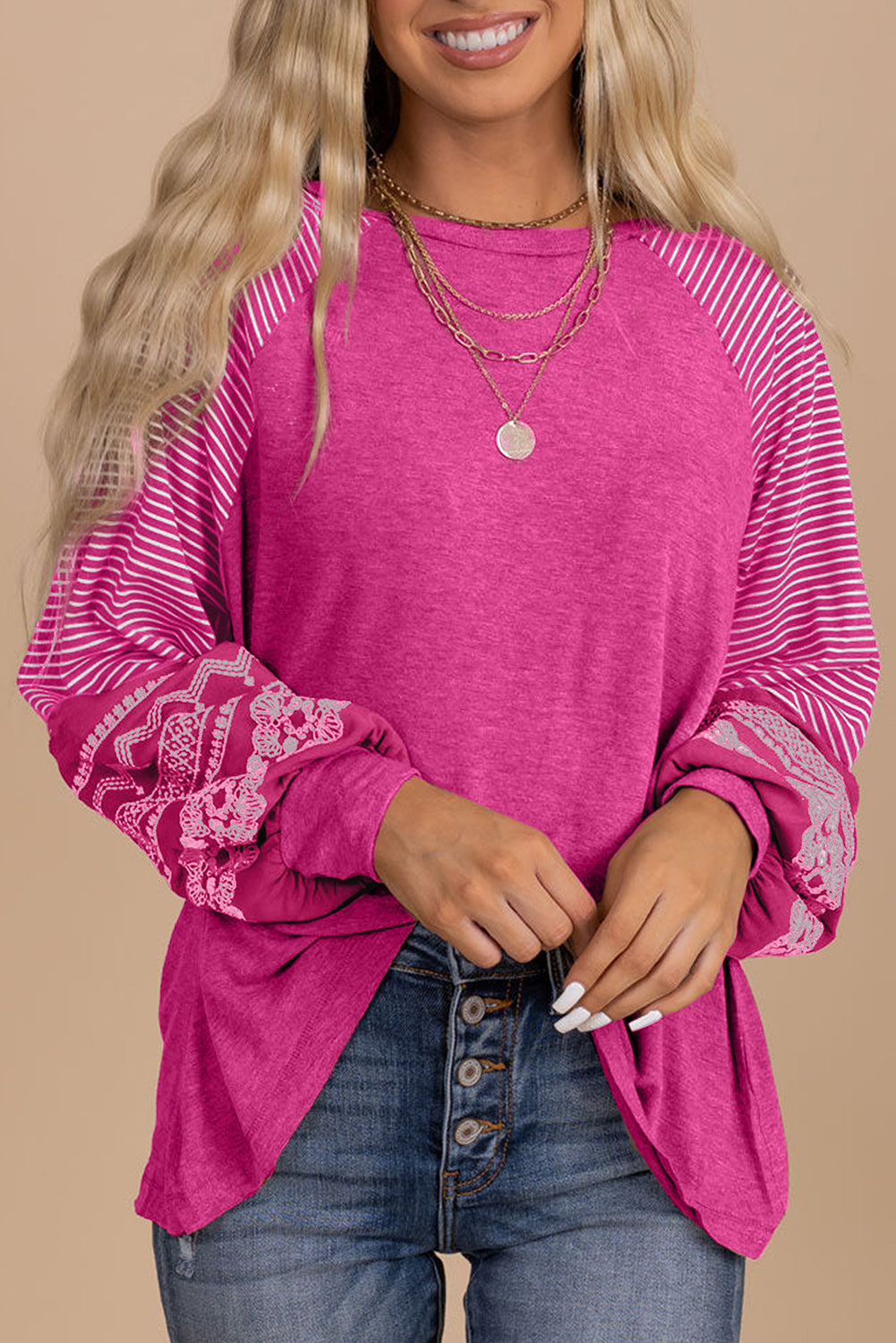 Navy Blue Contrast Print Striped Raglan Long Sleeve Loose Top