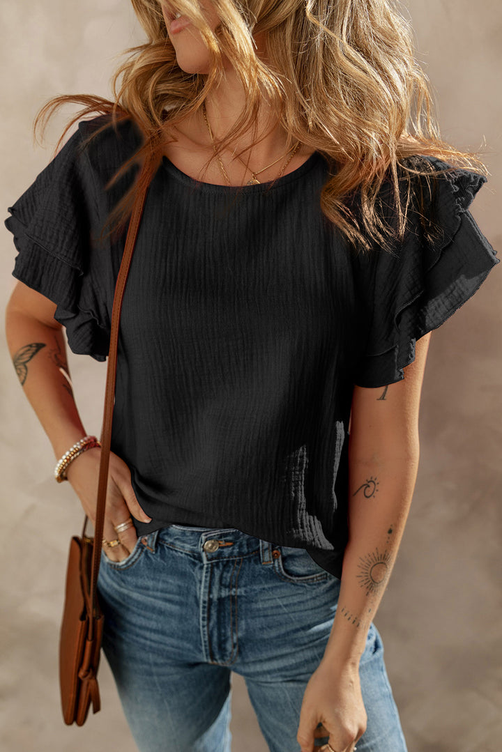Black Crinkled Cotton Gauze Ruffle Sleeve Blouse