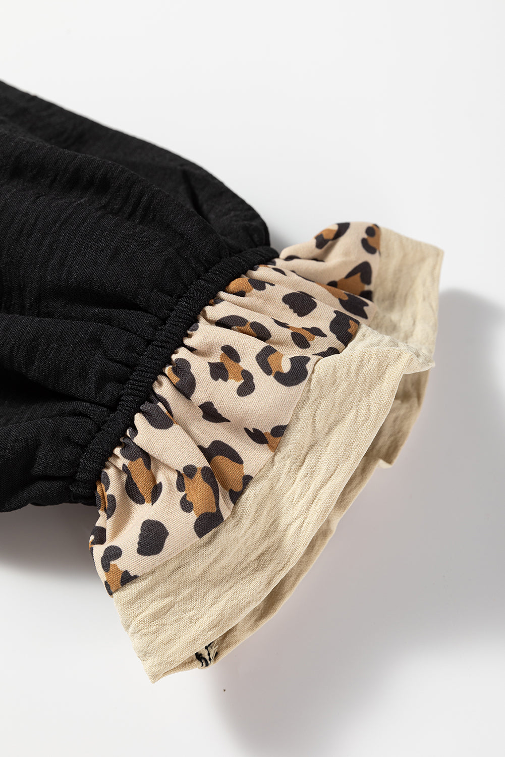 Black Contrast Leopard Print Patchwork Polo Collar Buttons Front Ruffled Long Sleeve Blouse - Lulubelles Clothing and Accessories