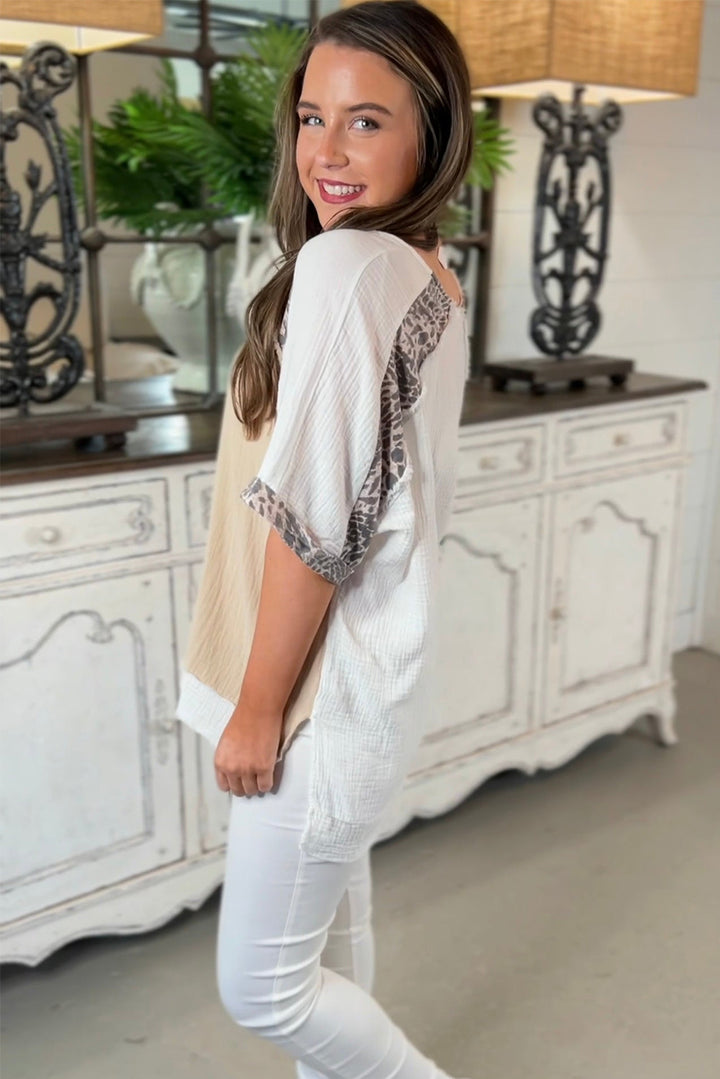 White Distressed Color Patchwork Leopard Trim Blouse