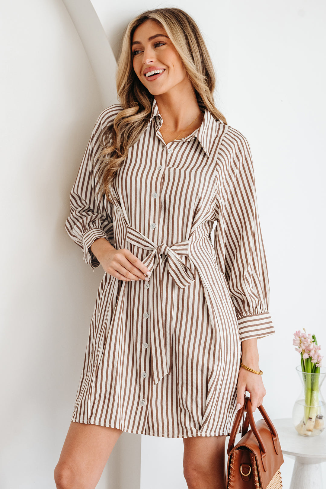 Brown Stripe Knot Waist Puff Sleeve Button Down Mini Shirt Dress - Lulubelles Clothing and Accessories