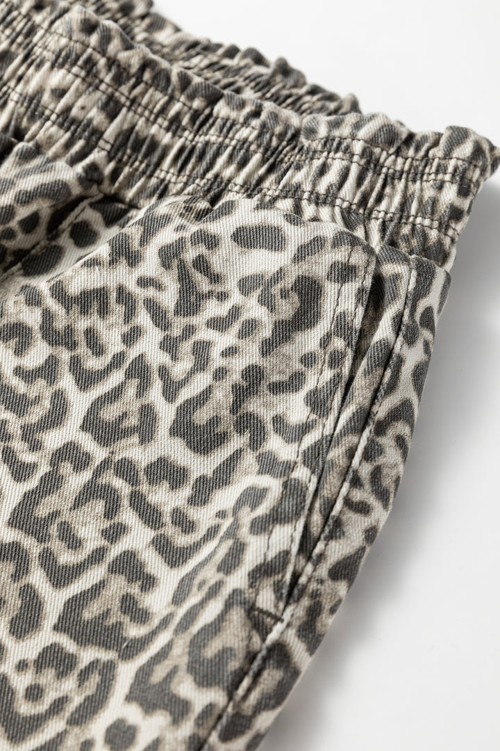Brown Leopard Print Raw Hem Elastic Waist Loose Pull On Jeans - Lulubelles Clothing and Accessories