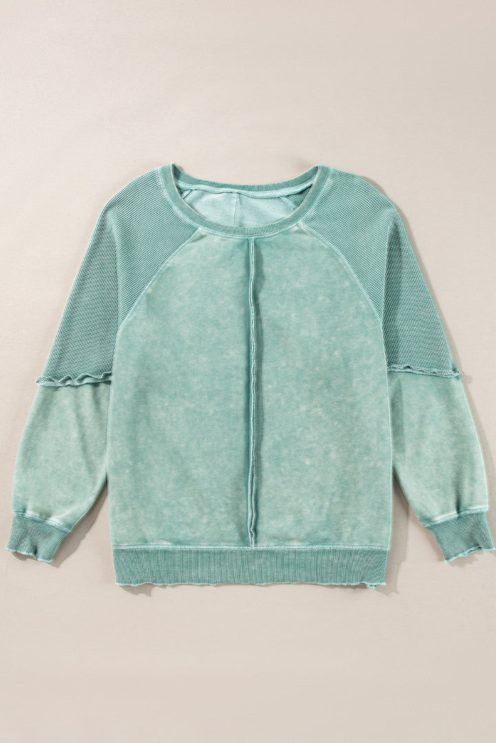 Light Grey Solid Waffle Knit Patchwork Raglan Sleeve Sweatshirt