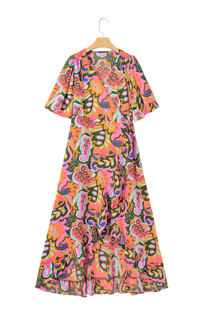 Rose Summer Plant Print Surpliced V Neck Ruffled Asymmetric Slit Wide Short Sleeve Maxi Dress - Lulubelles Clothing and Accessories