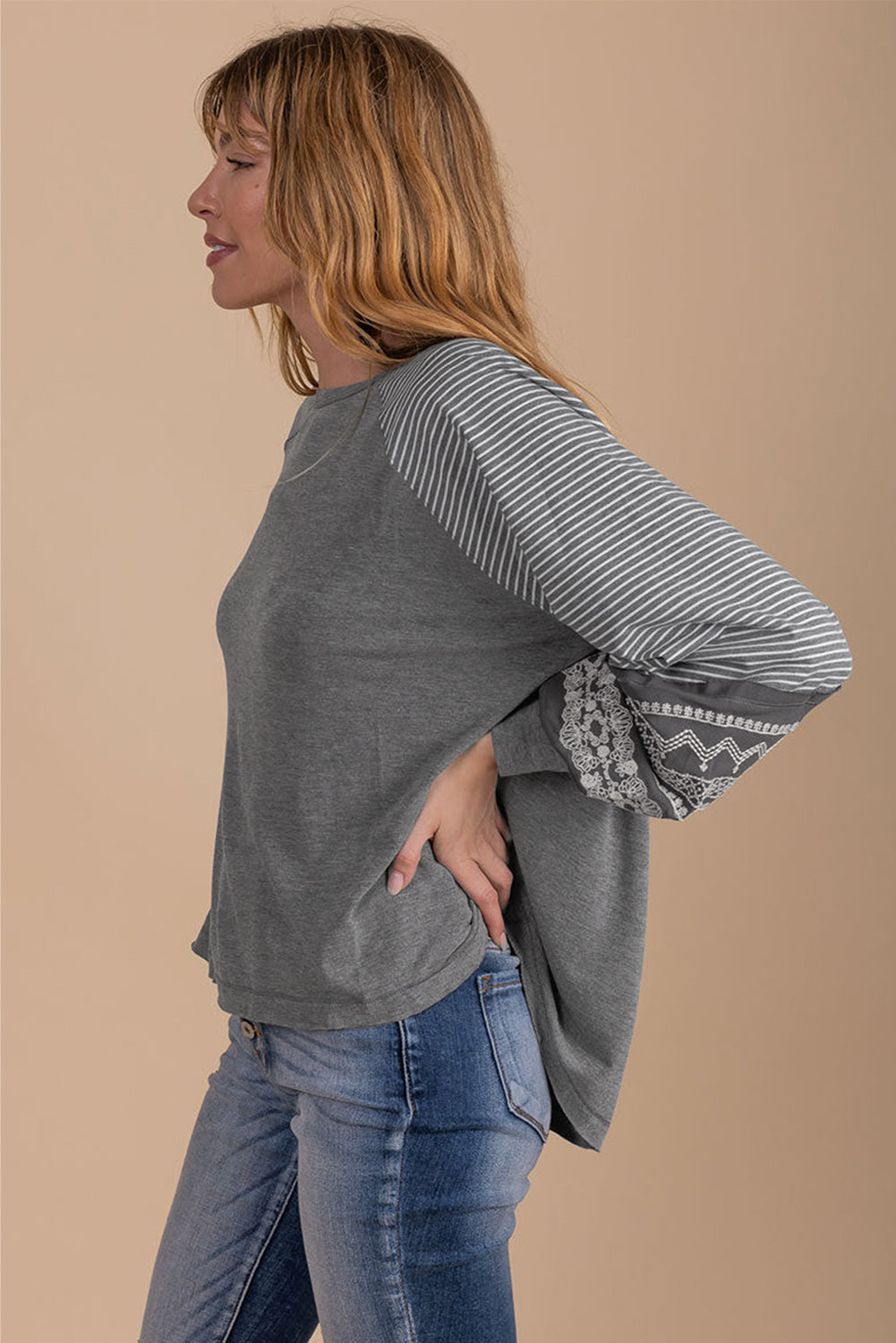Navy Blue Contrast Print Striped Raglan Long Sleeve Loose Top