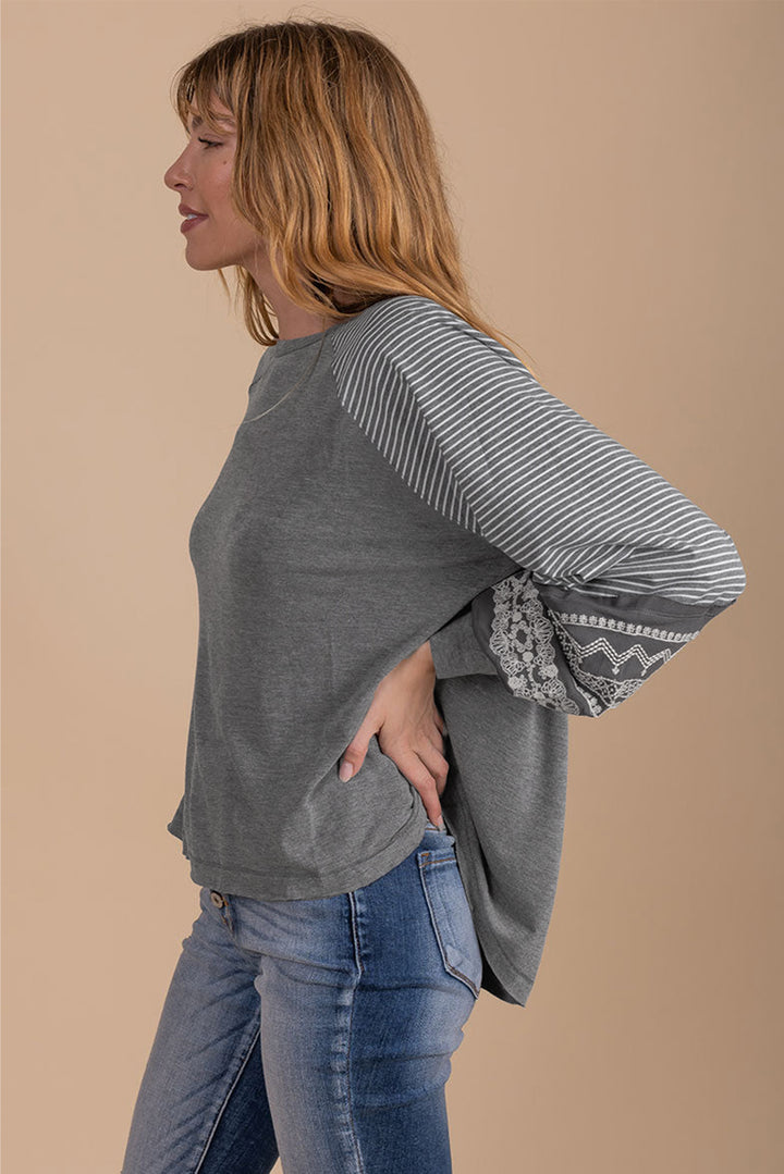 Navy Blue Contrast Print Striped Raglan Long Sleeve Loose Top