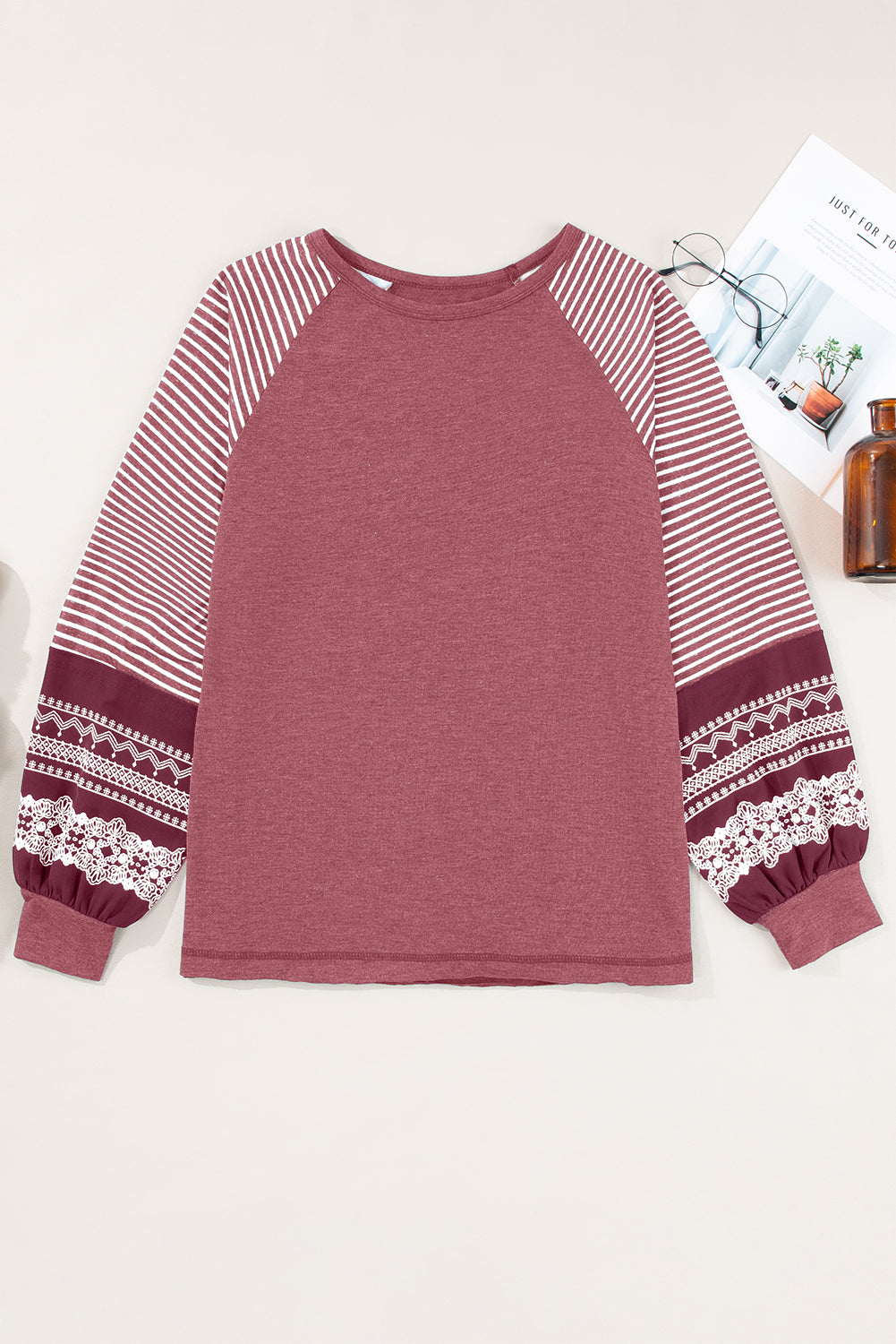 Navy Blue Contrast Print Striped Raglan Long Sleeve Loose Top