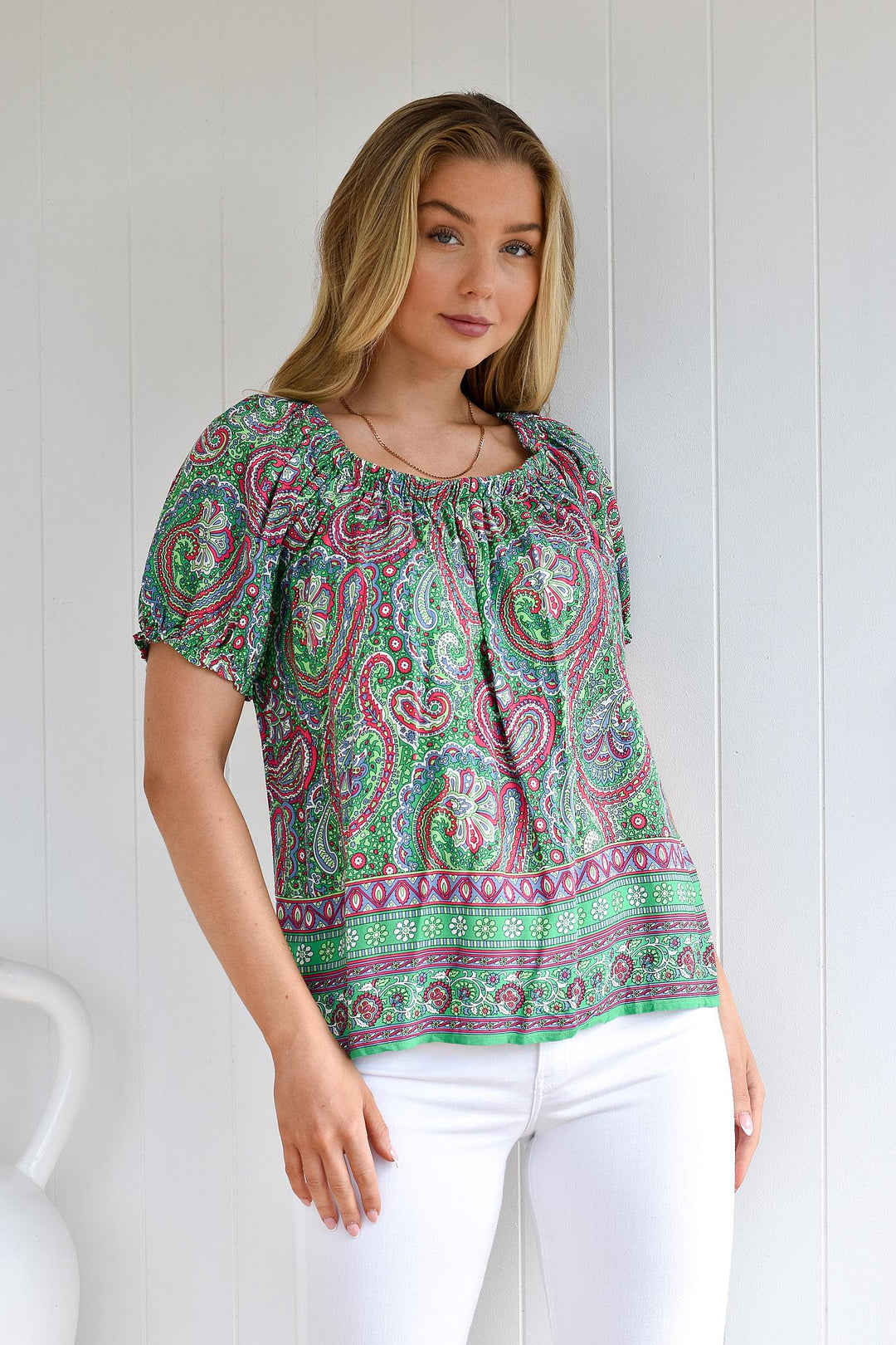 Jasmine Pink Green Boho Top