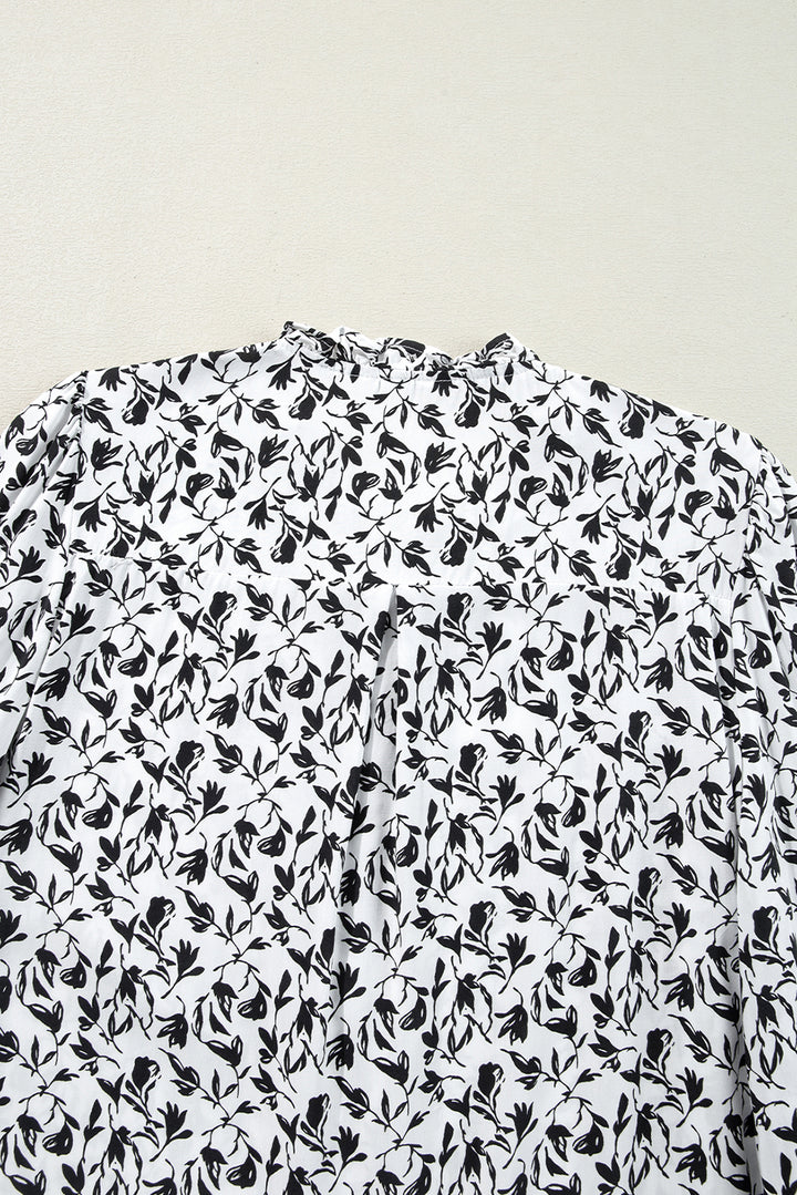Black Printed Lace Detail Floral Puff Sleeve Fall Shirt