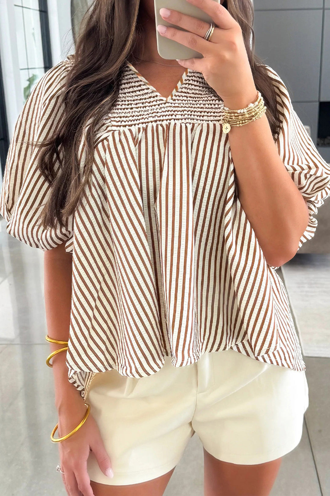 Brown Stripe Shirred V Neck Short Puff Sleeve Blouse - Lulubelles Clothing and Accessories