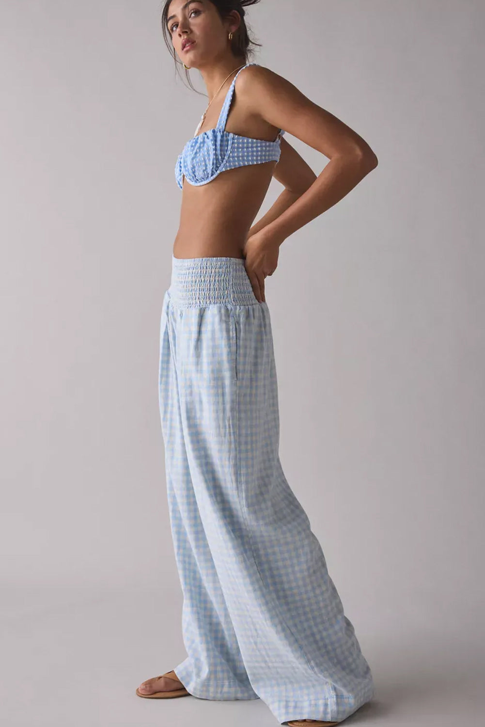 Myosotis Gingham Smocked High Waist Loose Pants