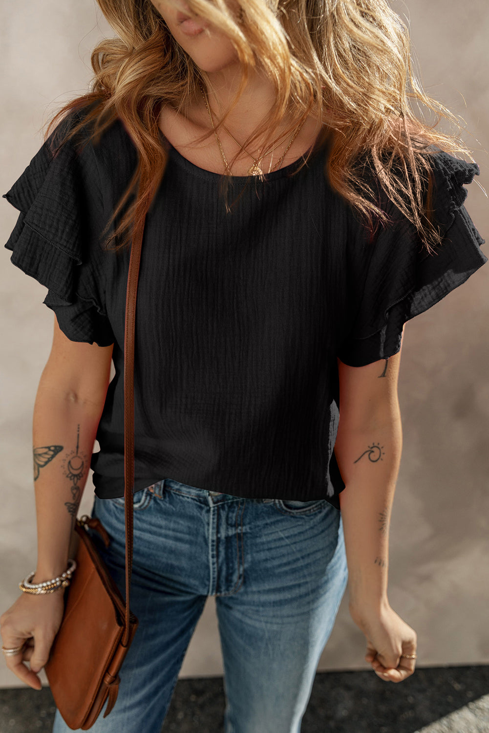 Black Crinkled Cotton Gauze Ruffle Sleeve Blouse