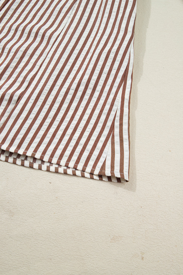 Brown Stripe Knot Waist Puff Sleeve Button Down Mini Shirt Dress - Lulubelles Clothing and Accessories