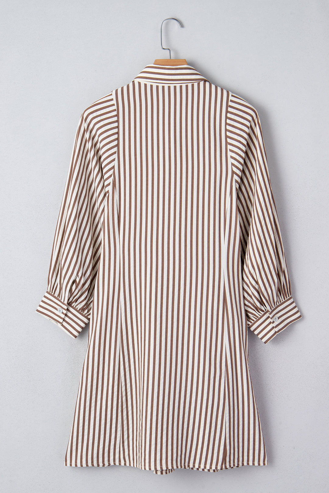 Brown Stripe Knot Waist Puff Sleeve Button Down Mini Shirt Dress - Lulubelles Clothing and Accessories
