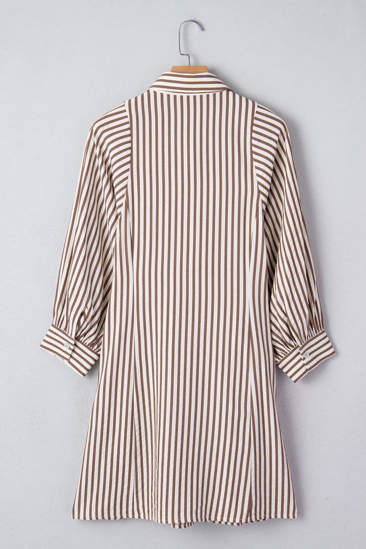 Brown Stripe Knot Waist Puff Sleeve Button Down Mini Shirt Dress - Lulubelles Clothing and Accessories