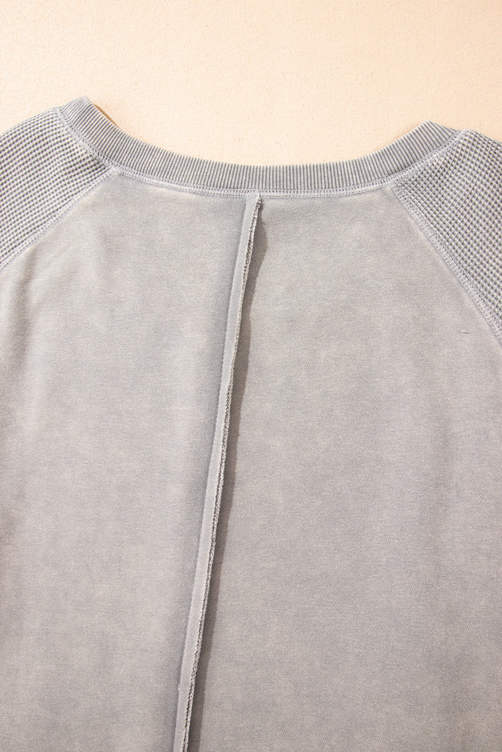 Light Grey Solid Waffle Knit Patchwork Raglan Sleeve Sweatshirt