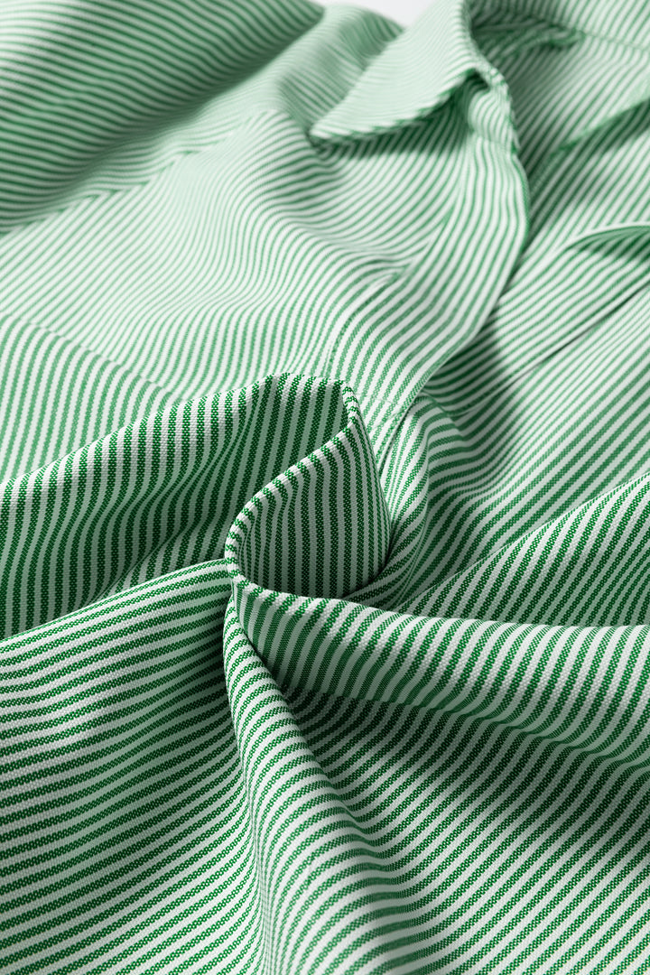 Mint Green Striped Print Collared Split Neck Half Sleeve Blouse - Lulubelles Clothing and Accessories