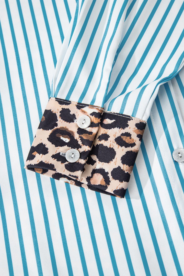 Sky Blue Stripe Contrast Leopard Patchwork Long Shirt Dress with Slits - Lulubelles Clothing and Accessories