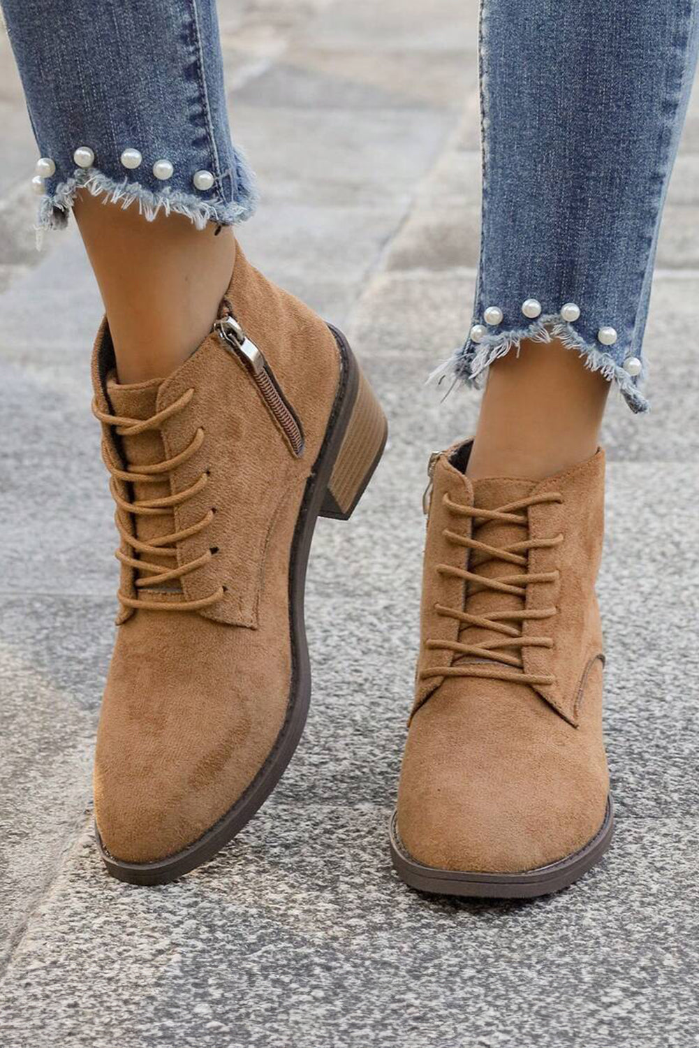Chestnut Suede Zip Side Lace Up Ankle Boots