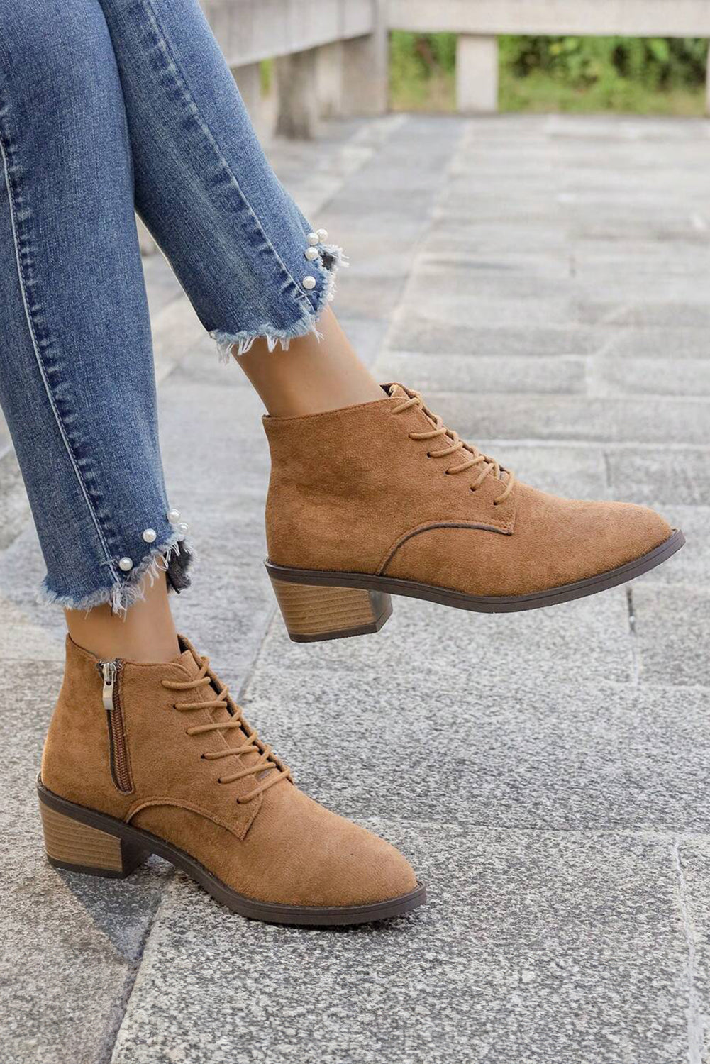 Chestnut Suede Zip Side Lace Up Ankle Boots