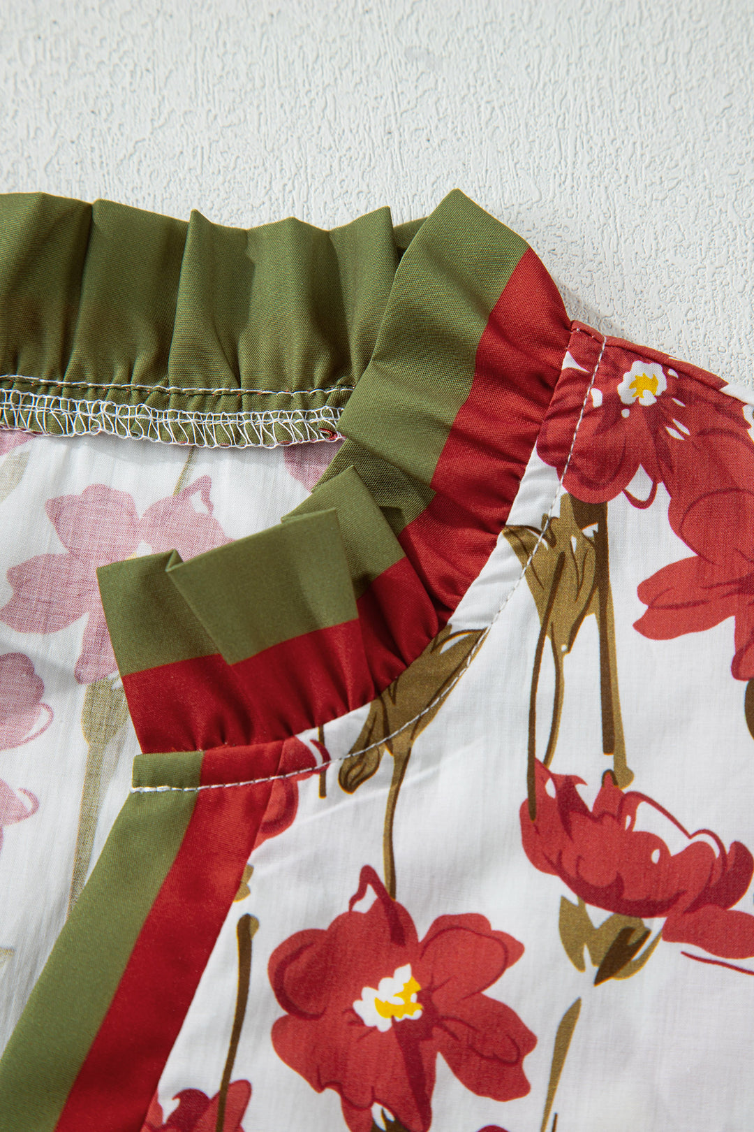 Red Floral Print Contrast Trim V Neck Double Ruffled Short Sleeve Blouse - Lulubelles Clothing and Accessories