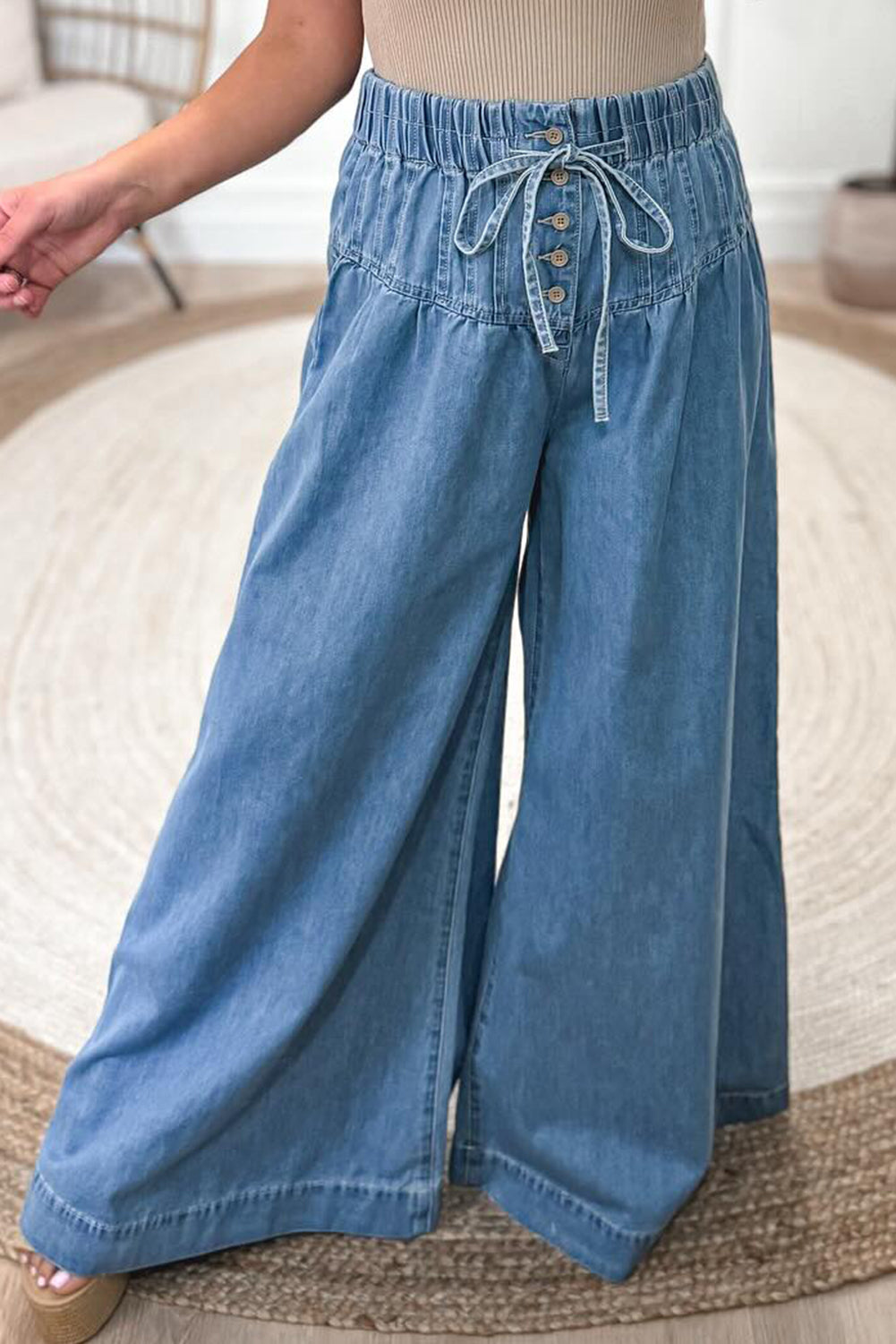 Beau Blue Mineral Wash Button High Waist Wide Leg Jeans