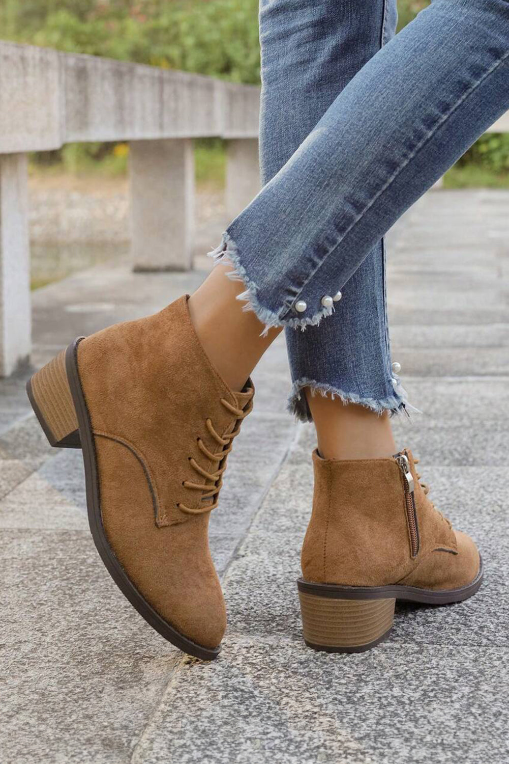 Chestnut Suede Zip Side Lace Up Ankle Boots