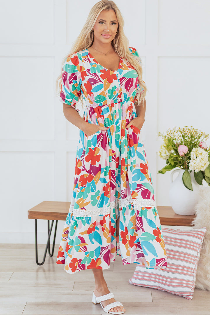 Rose Red Floral Knot Puff Sleeve V Neck Buttoned Front Split Lace Maxi Dress