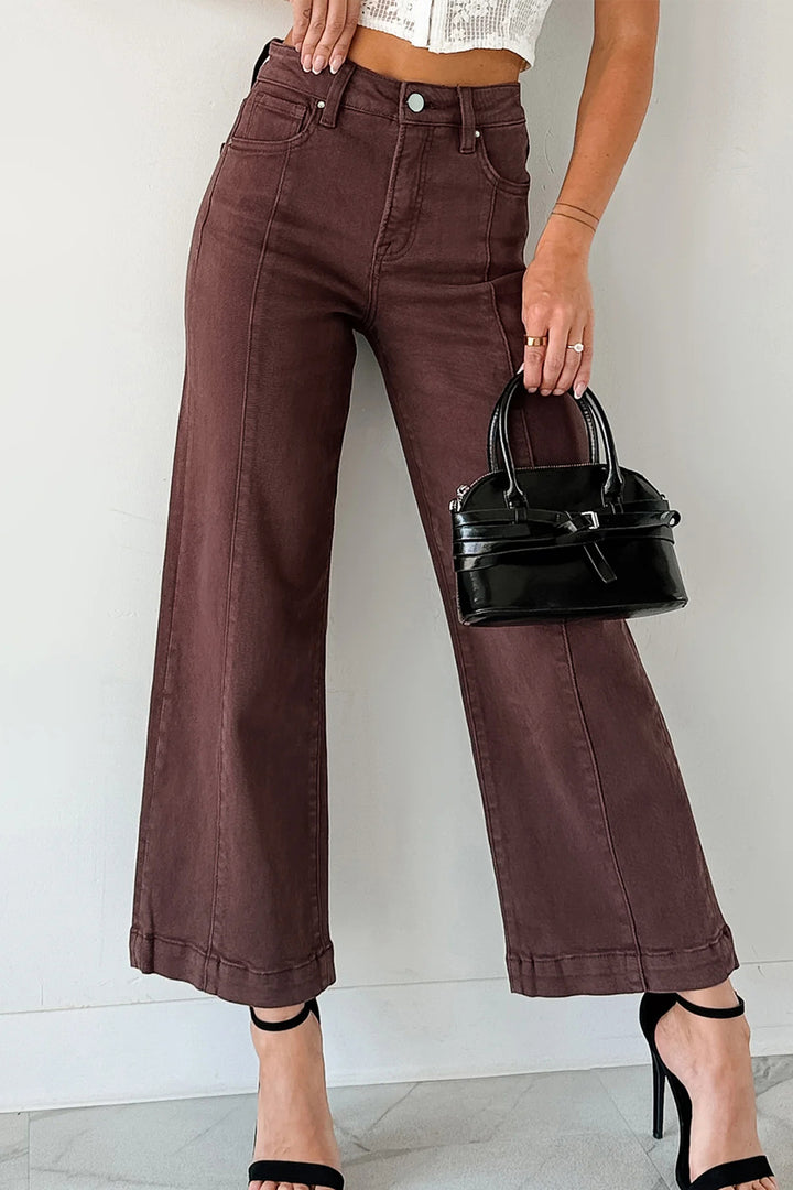 Red Sandalwood Solid Color Seamed Center Wide Leg Cropped Jeans - Lulubelles Clothing and Accessories