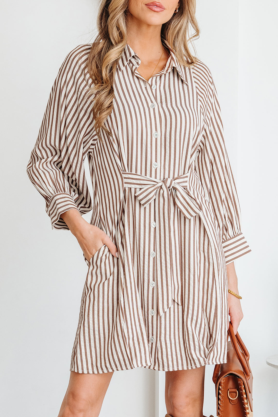 Brown Stripe Knot Waist Puff Sleeve Button Down Mini Shirt Dress - Lulubelles Clothing and Accessories