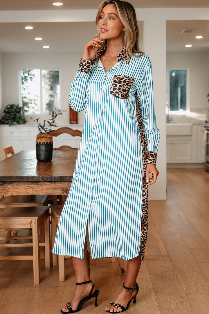 Sky Blue Stripe Contrast Leopard Patchwork Long Shirt Dress with Slits - Lulubelles Clothing and Accessories
