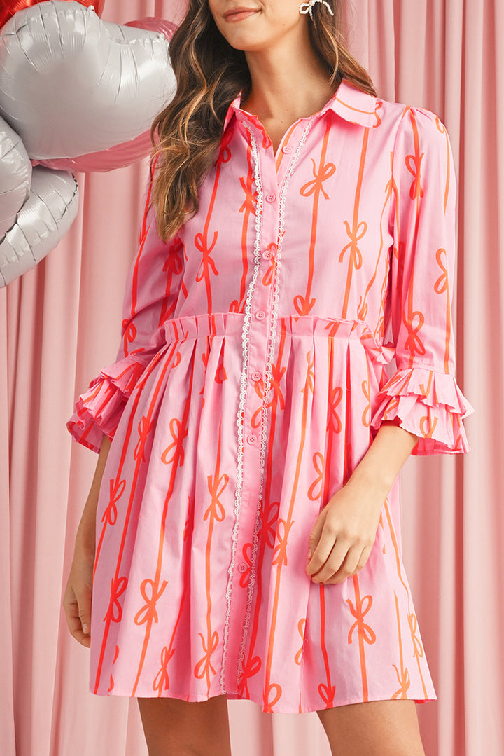 Pink Bowknot Striped Ruffle Mini Shirt Dress