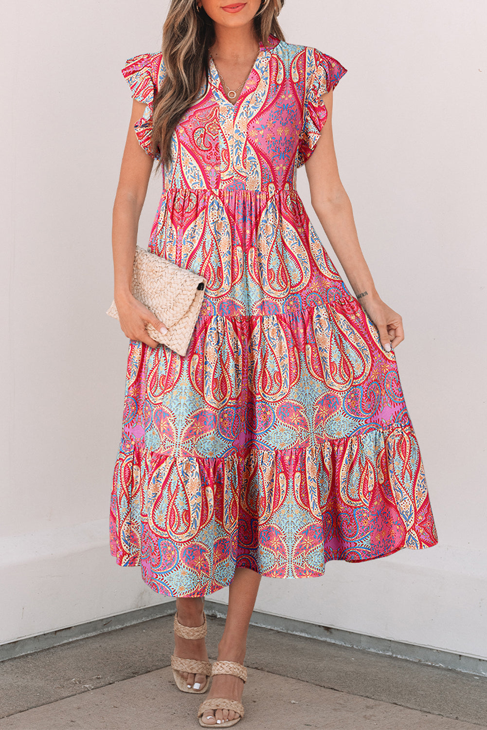 Rose Tribal Paisley Print Ruffled Sleeve Notch Neck Midi Dress - Lulubelles Clothing and Accessories