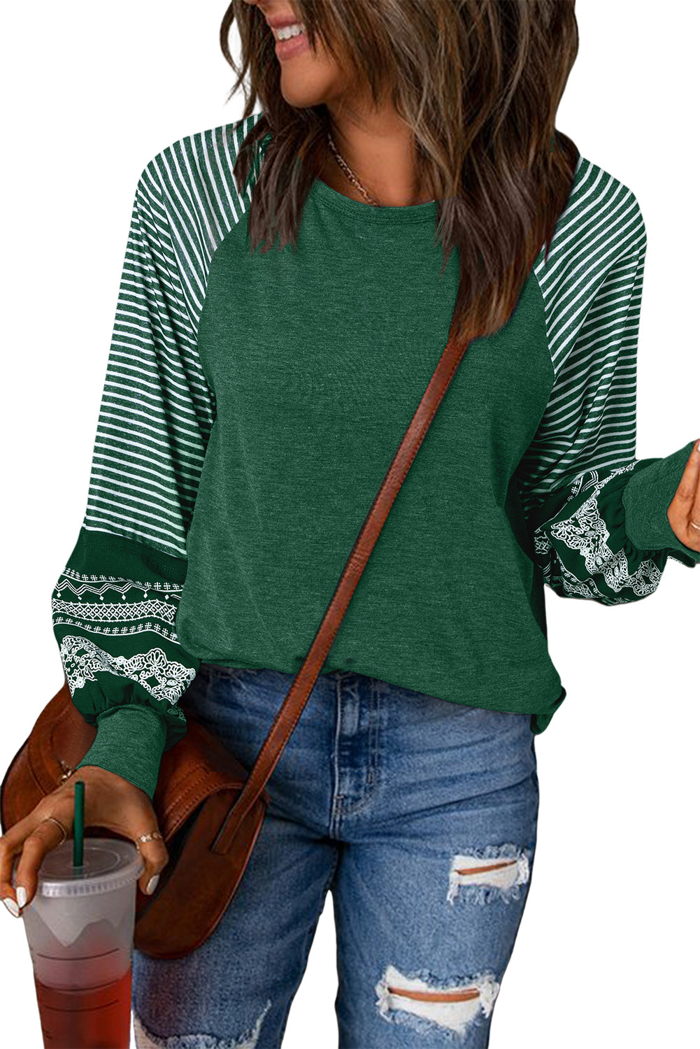 Navy Blue Contrast Print Striped Raglan Long Sleeve Loose Top