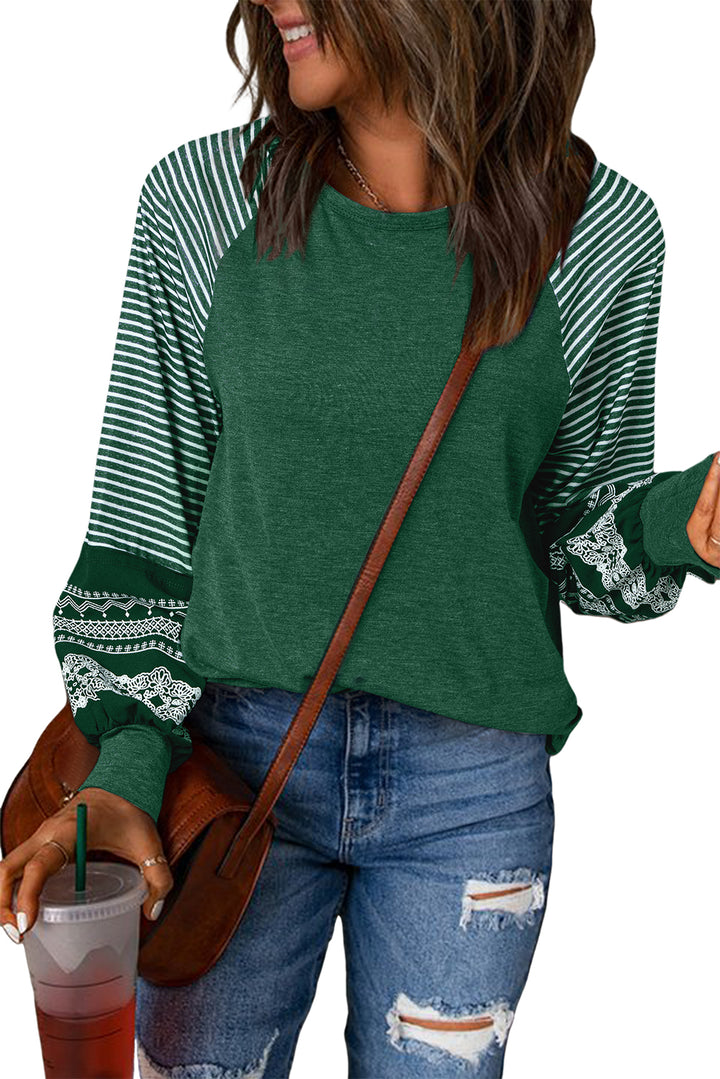 Navy Blue Contrast Print Striped Raglan Long Sleeve Loose Top