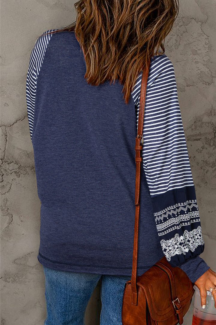 Navy Blue Contrast Print Striped Raglan Long Sleeve Loose Top