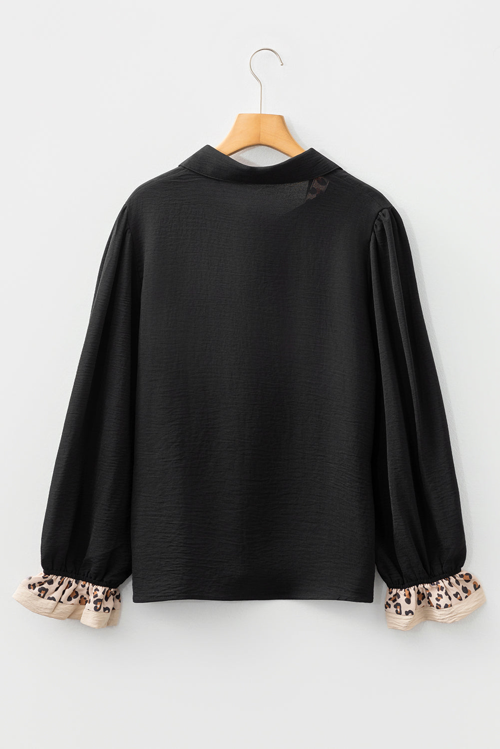 Black Contrast Leopard Print Patchwork Polo Collar Buttons Front Ruffled Long Sleeve Blouse - Lulubelles Clothing and Accessories