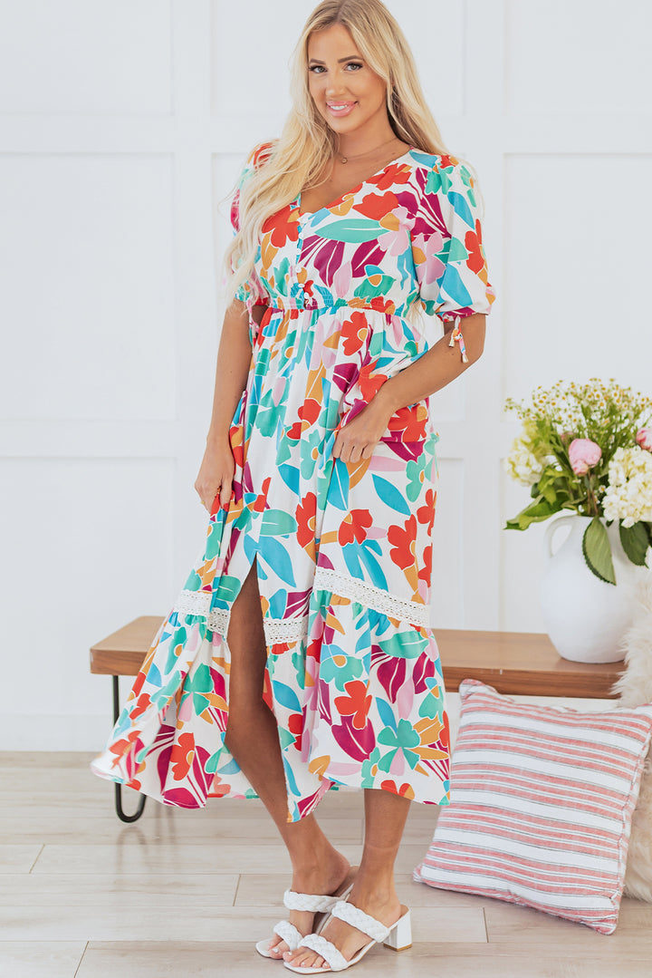 Rose Red Floral Knot Puff Sleeve V Neck Buttoned Front Split Lace Maxi Dress