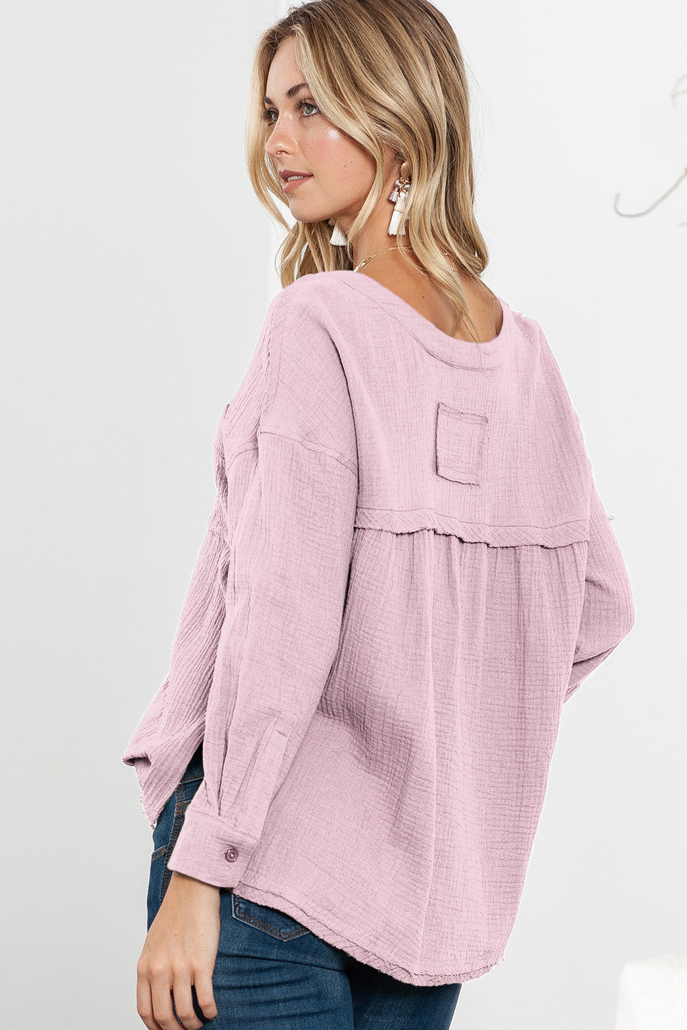 Pink Raw Hem Long Sleeve Henley Top