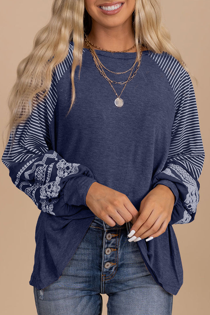 Navy Blue Contrast Print Striped Raglan Long Sleeve Loose Top