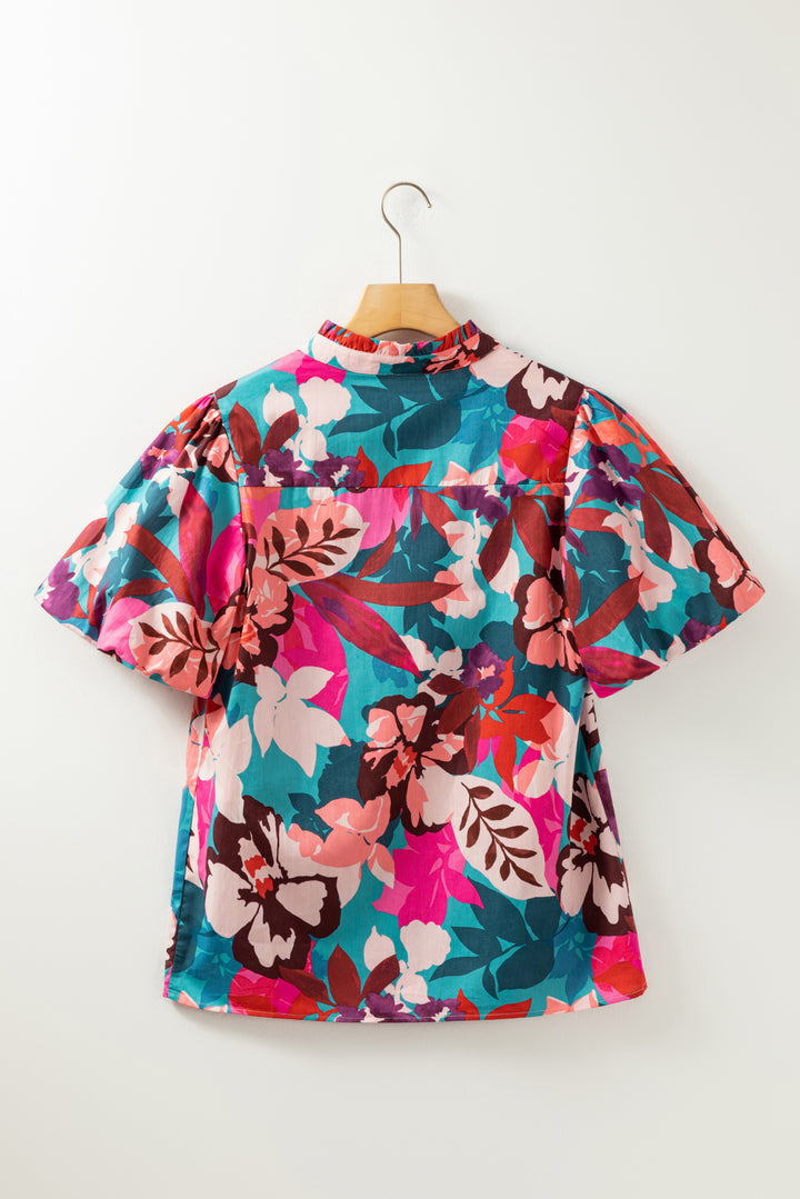 Rose Red Floral Print V Neck Lantern Sleeve Blouse