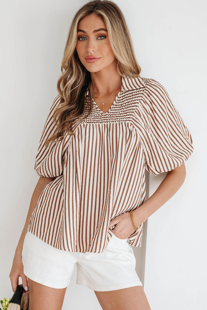 Brown Stripe Shirred V Neck Short Puff Sleeve Blouse - Lulubelles Clothing and Accessories
