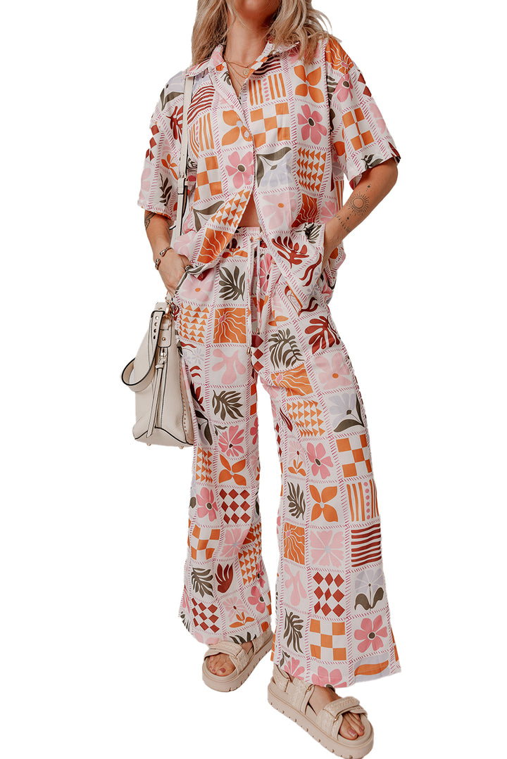 Orange Floral Checkered Print Collared Shirt and Wide Leg Pants Set