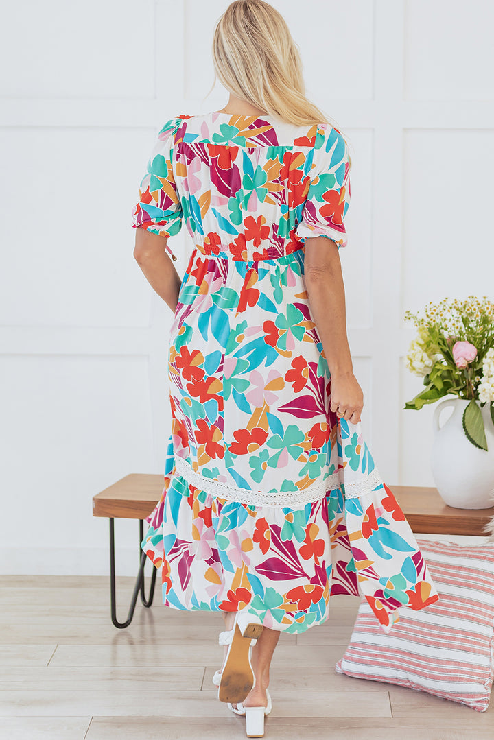 Rose Red Floral Knot Puff Sleeve V Neck Buttoned Front Split Lace Maxi Dress
