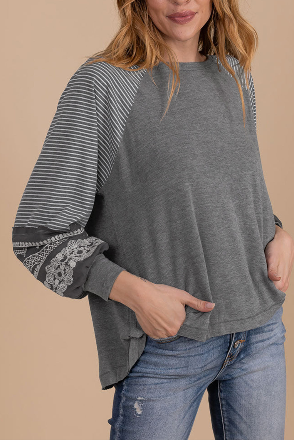 Navy Blue Contrast Print Striped Raglan Long Sleeve Loose Top